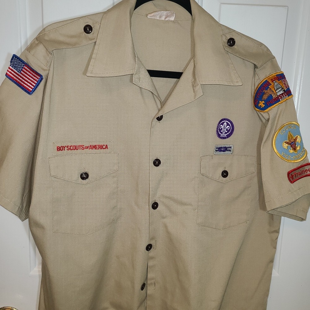 Boy Scouts Of America Shirt Mens Short Sleeve Button Patches Size L In Made USA